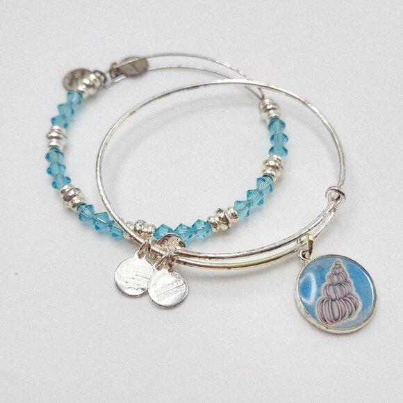 Alex and Ani Seashell Charm & Blue Swarovski Crystal Ocean Sea Bangle Bracelets - Picture 1 of 5